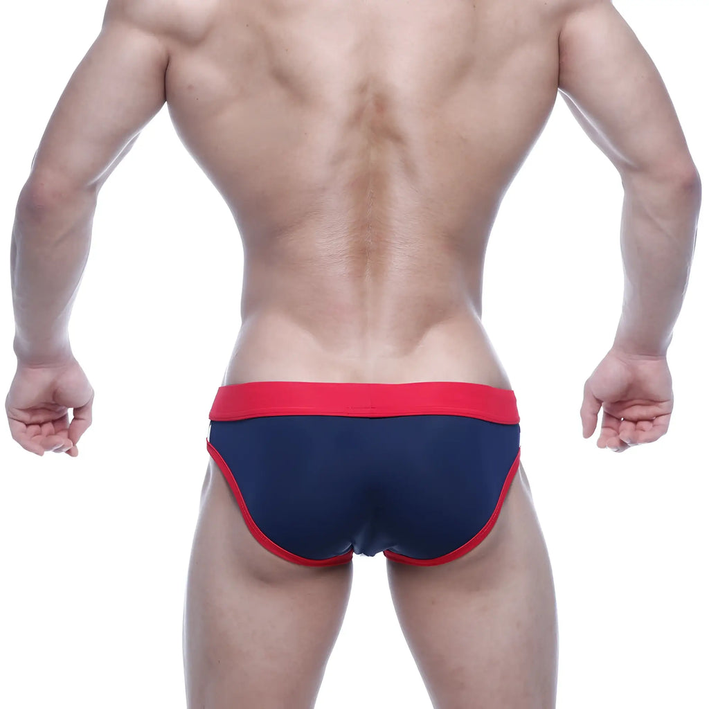 Navy blue and red athletic briefs with snug fit and elastic waistband metro male wear marine blue swim bikini 4920-40