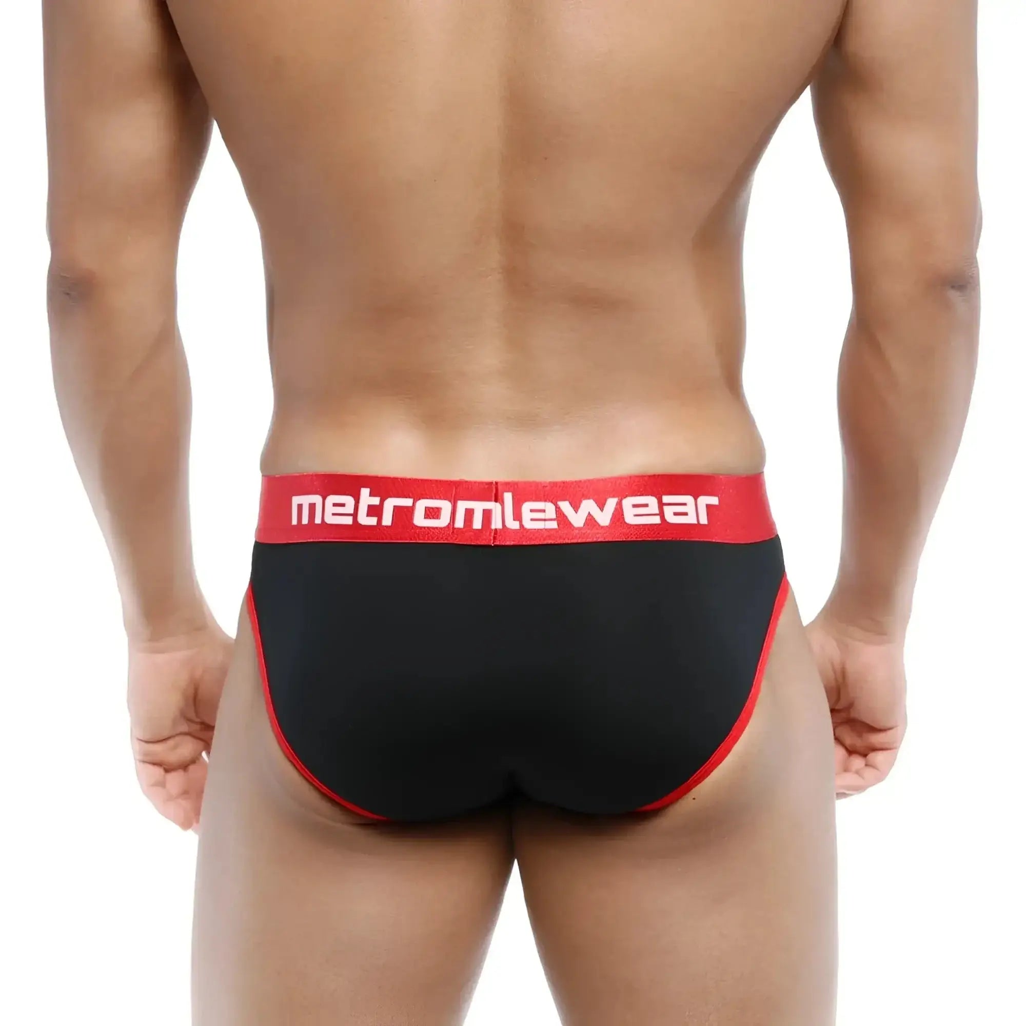 MetroMaleWear Martini brief black with red trim and waistband featuring MetroMaleWear logo in white lettering