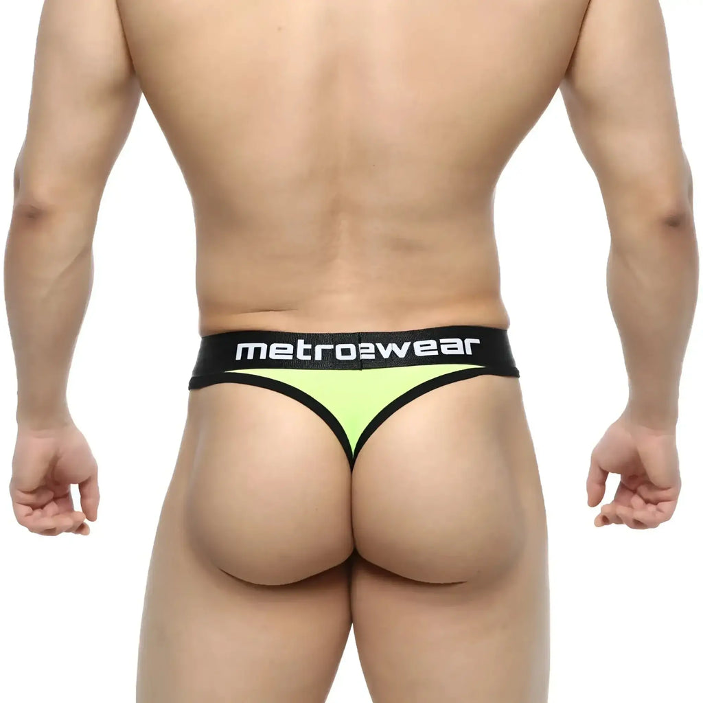 MetroMaleWear Martini thong in neon green with black trim and waistband featuring the metro2wear logo