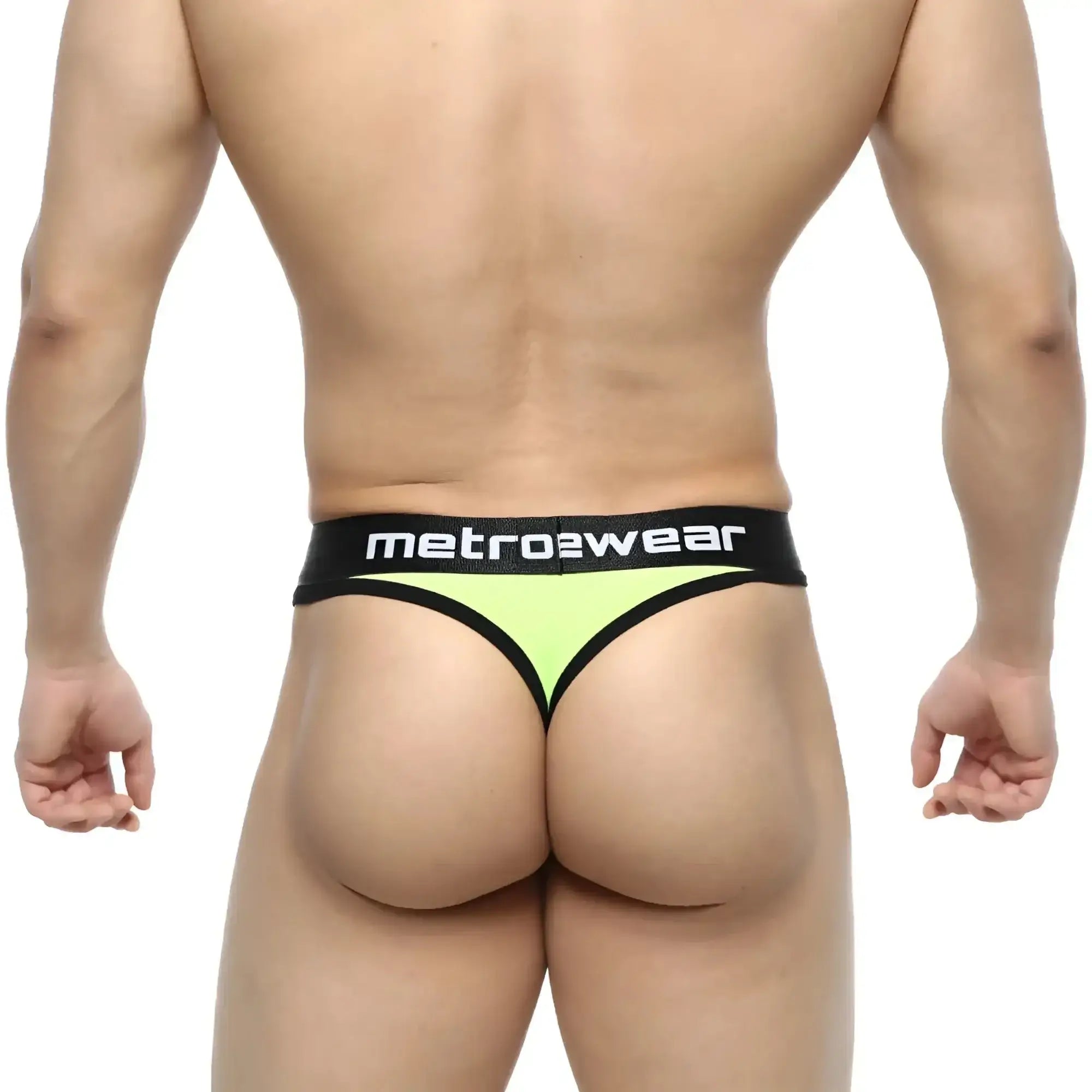 MetroMaleWear Martini thong in neon green with black trim and waistband featuring the metro2wear logo