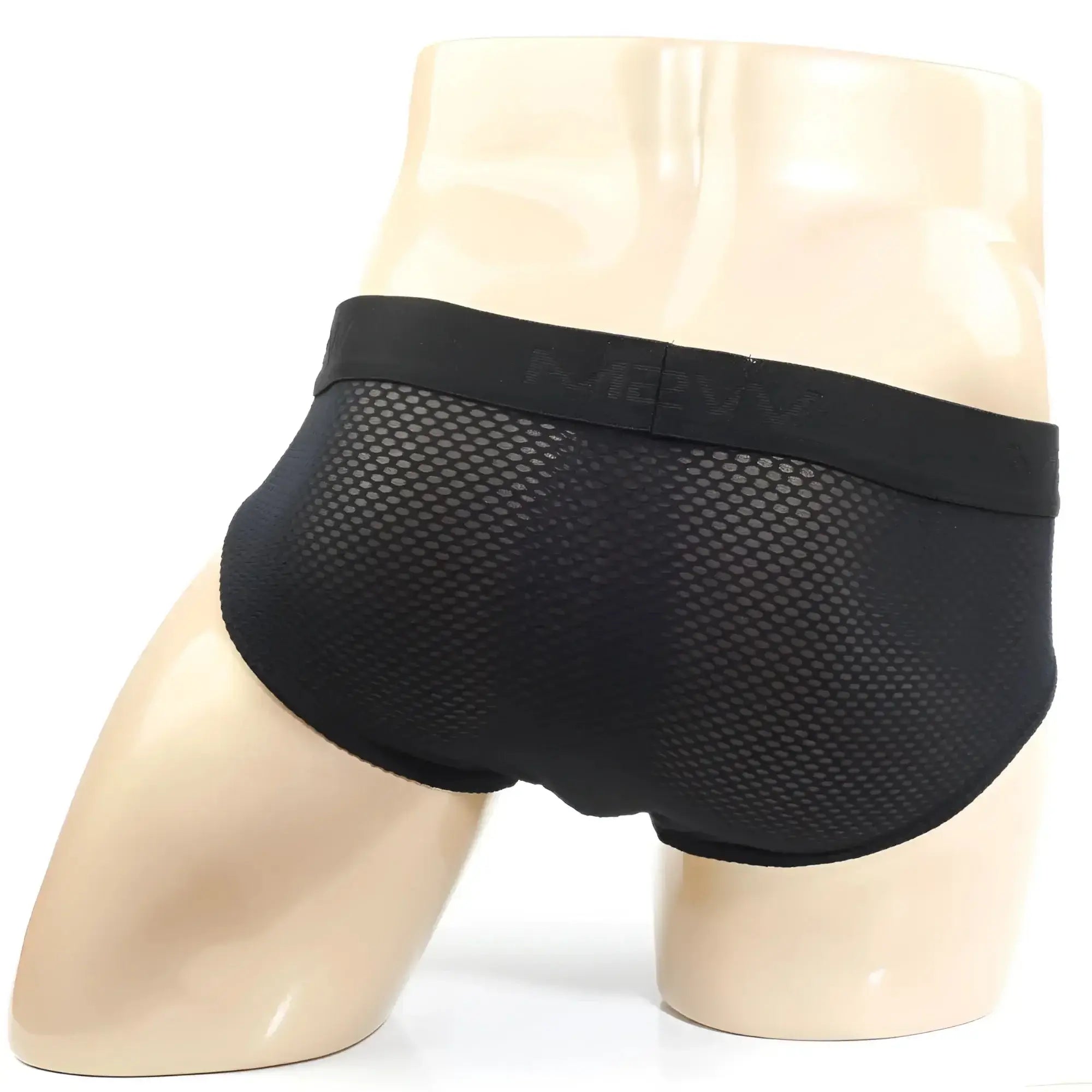 Black mesh MetroMaleWear Matrix Brief 5003-50 with solid elastic waistband featuring m2vw logo