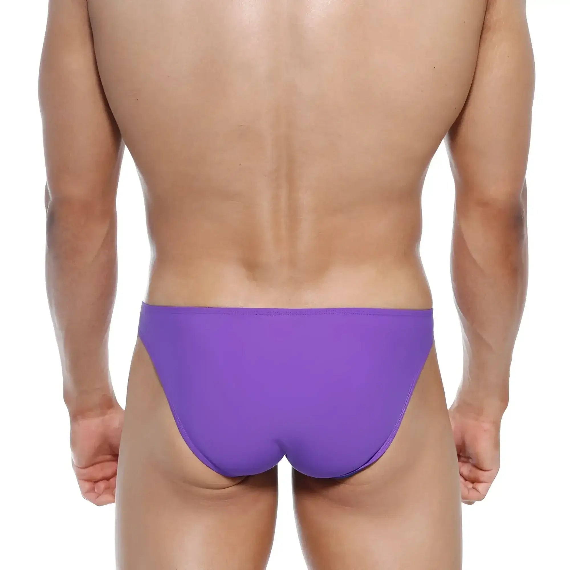 Purple metro malewear max bulge bikini swim trunks with smooth form fitting design for men