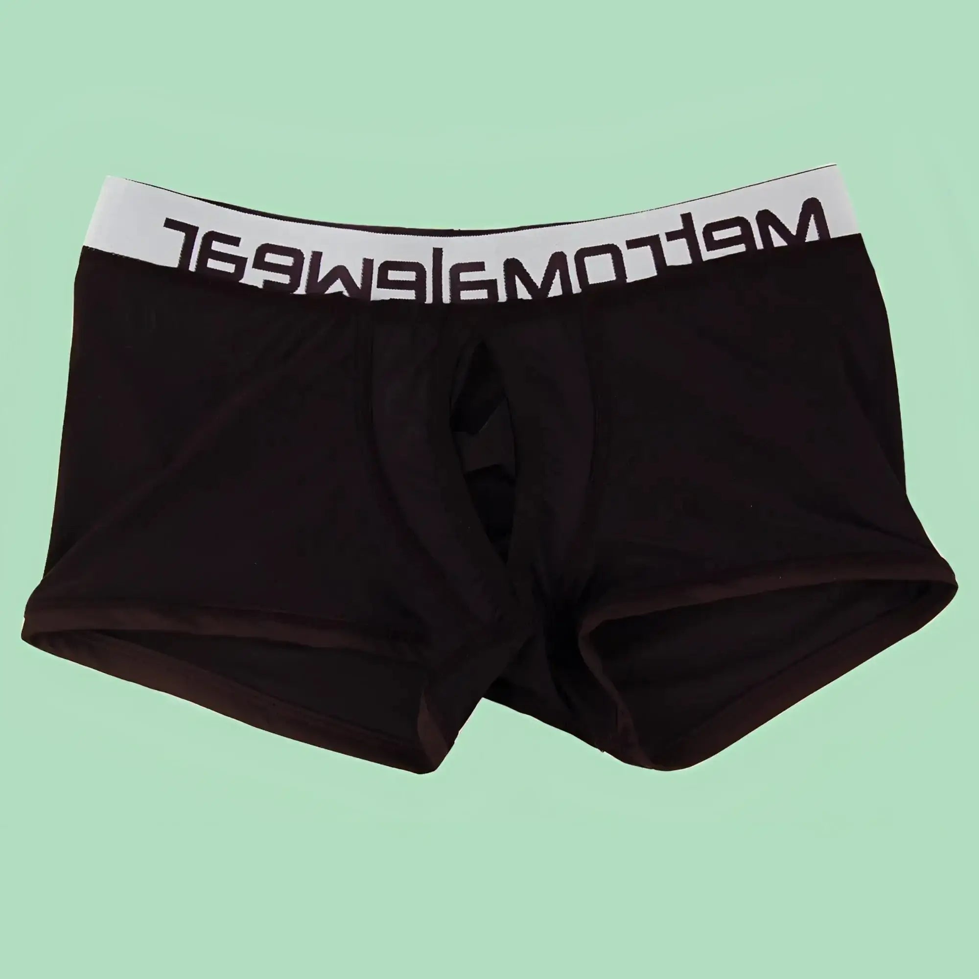 Black mens briefs with white elastic waistband branded meltomagwear in metroMalewear max bulge boxer brief black 1513-20