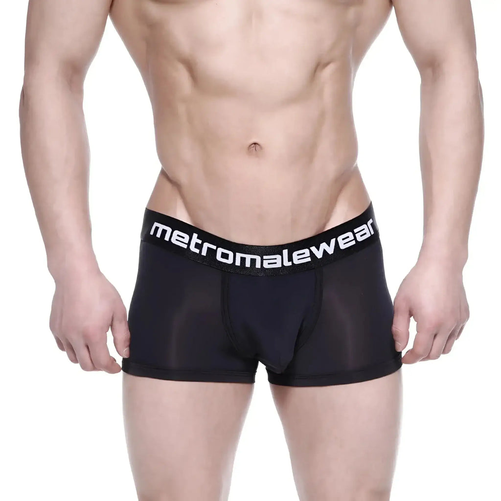 Black mesh metroalewear max bulge boxer brief with white logo waistband for breathable support and comfort