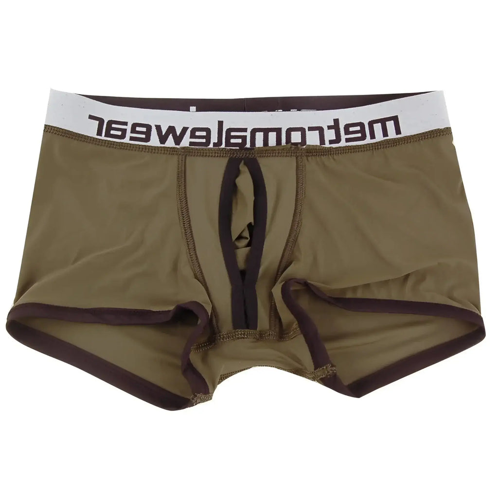 Brown metro male wear max bulge boxer briefs with white waistband and dark brown meltrowear logo