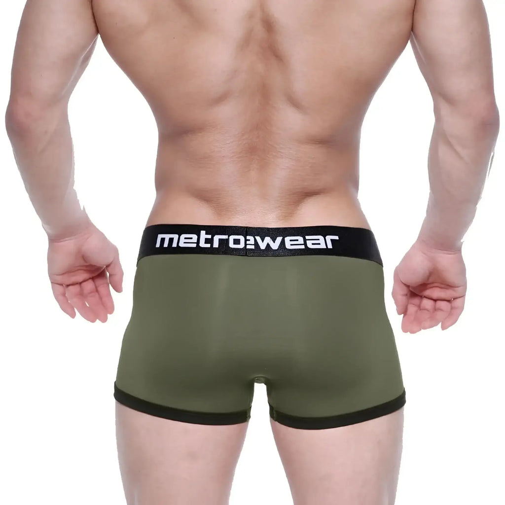 Olive green briefs with black elastic waistband and trim featuring metrowear branding by metro male wear