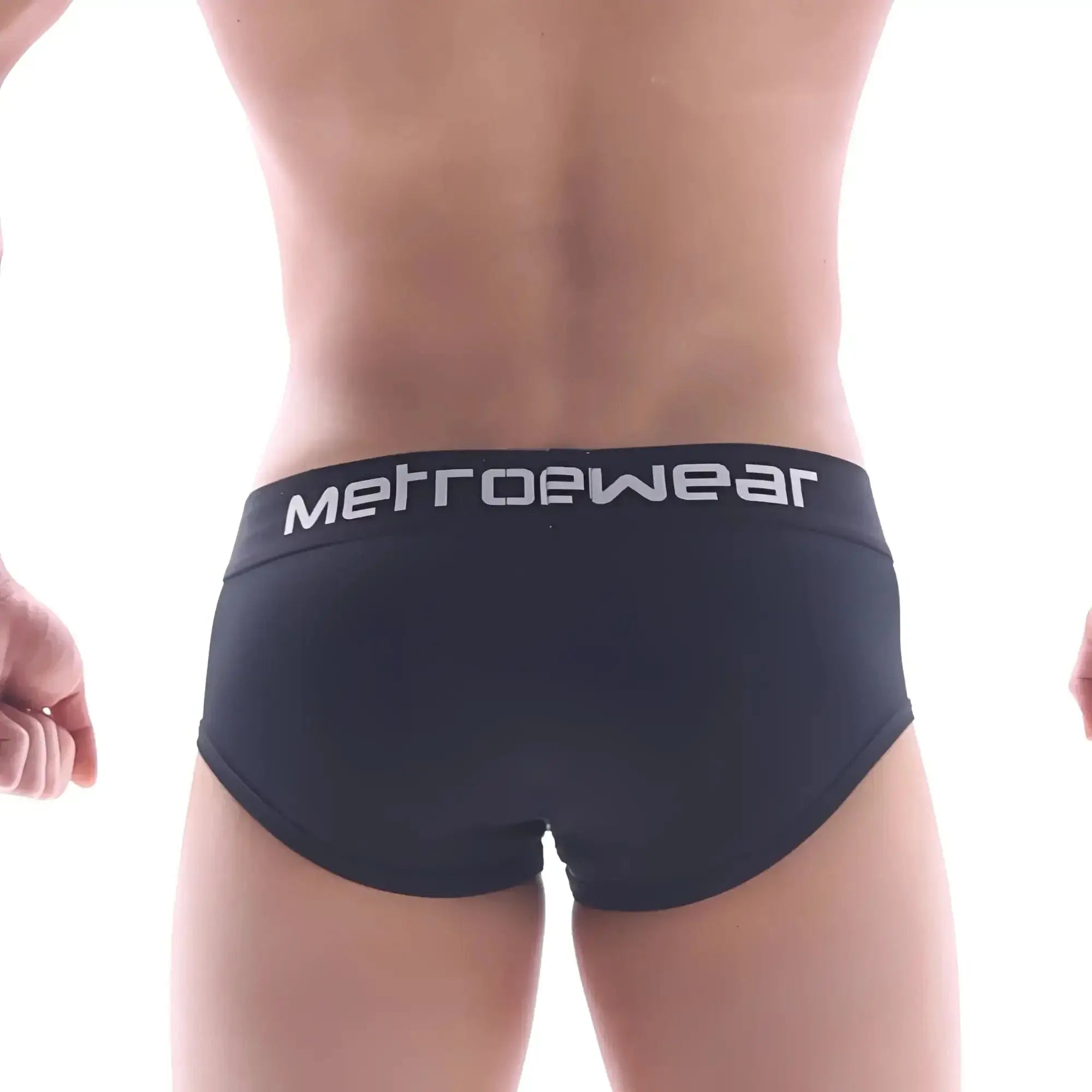 Black metrowear max contour briefs with white logo waistband designed for comfortable everyday metrowear use