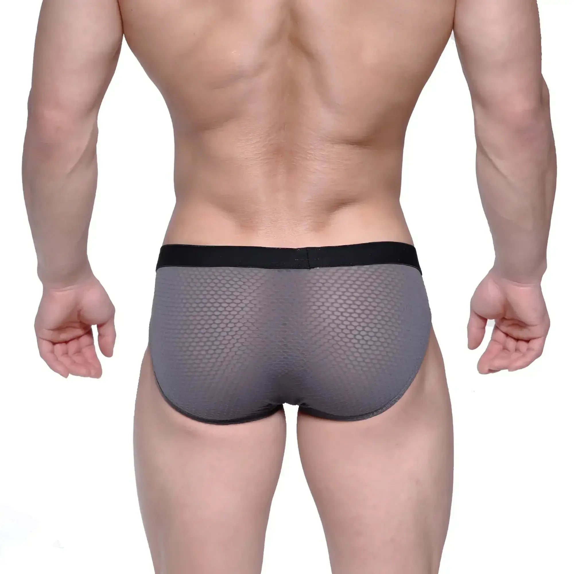 MetroMaleWear max hip brief in gray mesh fabric with black elastic waistband designed for comfort and support
