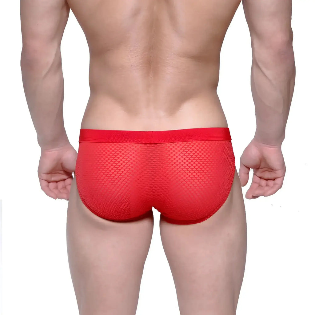 MetroMaleWear Max hip brief in red mesh with solid red waistband showcasing breathable men’s underwear design