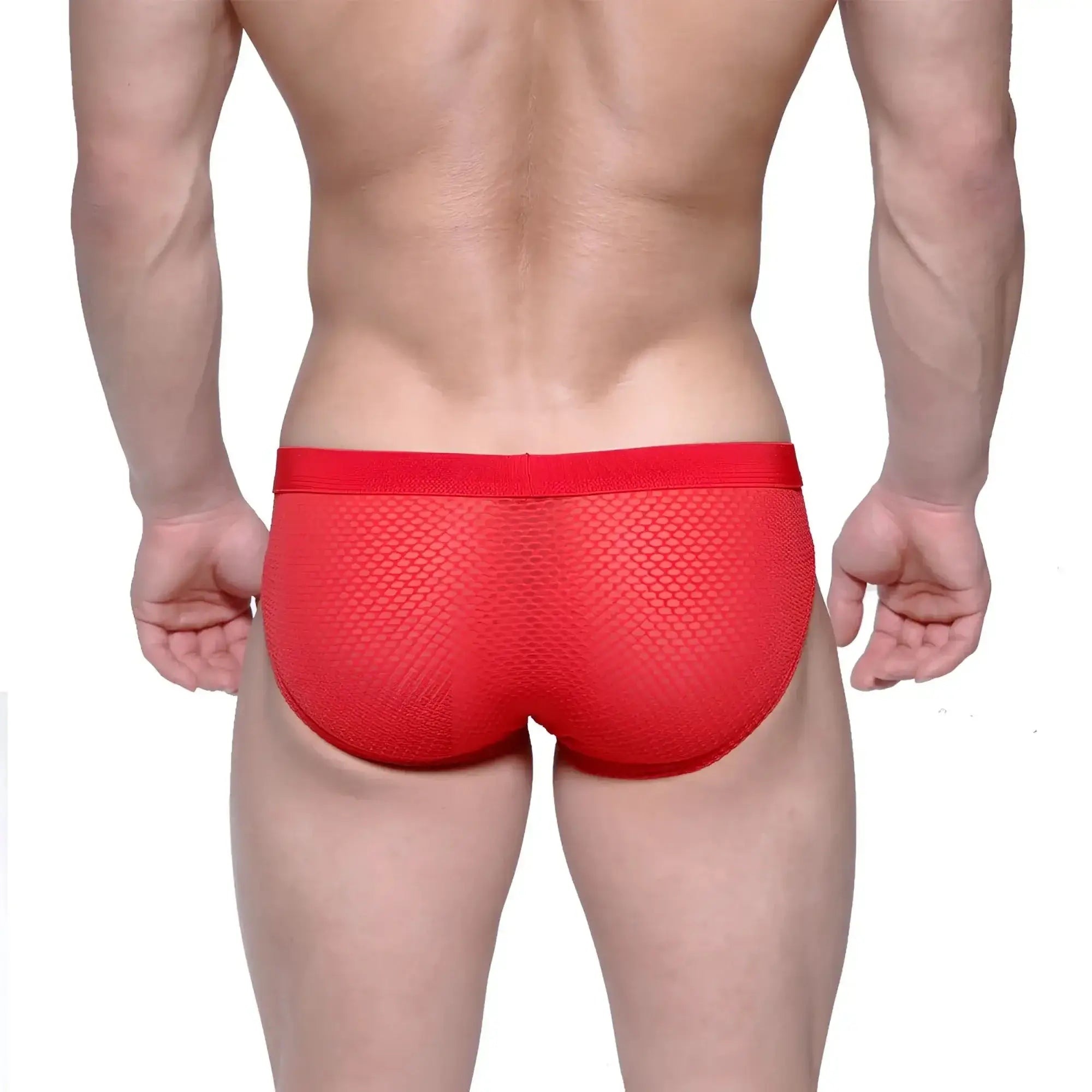 MetroMaleWear Max hip brief in red mesh with solid red waistband showcasing breathable men’s underwear design