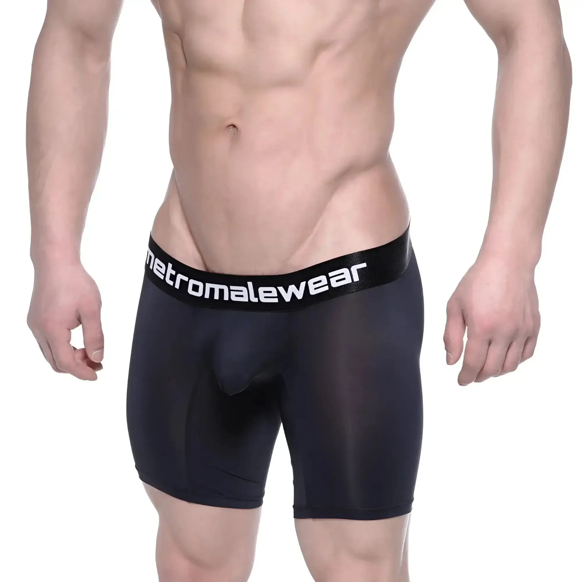Black metromalewear max long boxer briefs with smooth form-fitting fabric and white branding on waistband