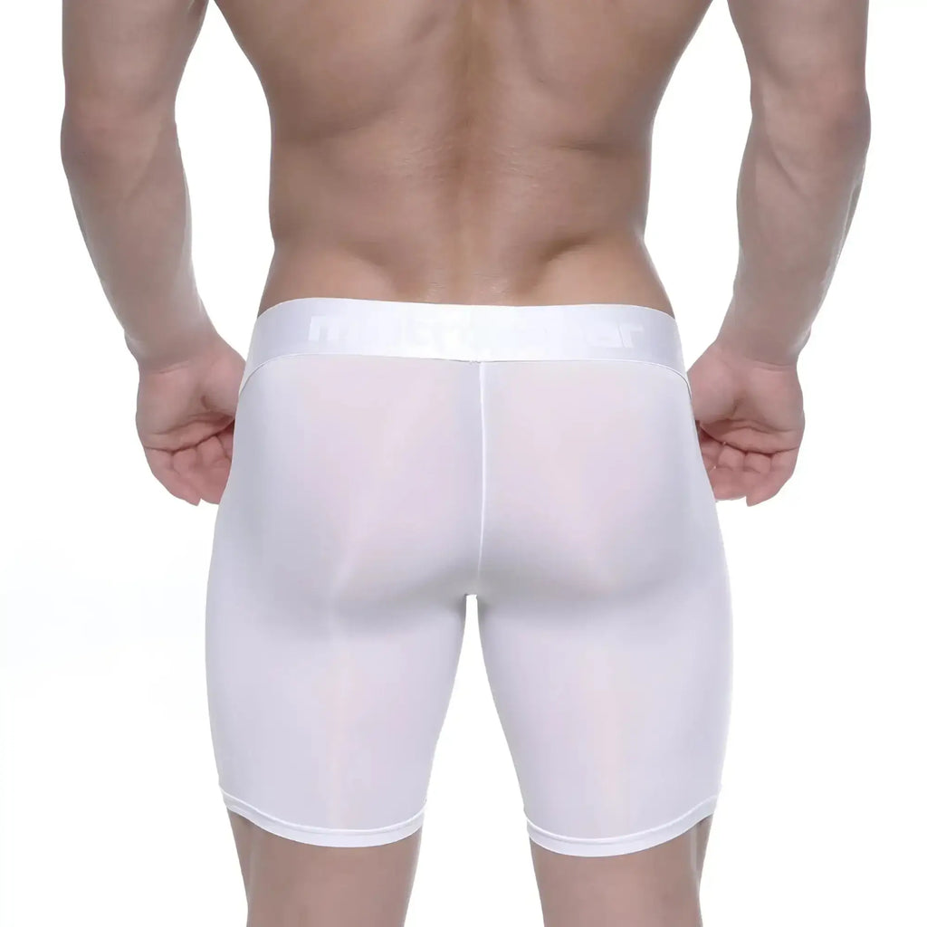 White sheer mesh men’s boxer briefs with solid white waistband metro malewear max long boxer white 2035-00