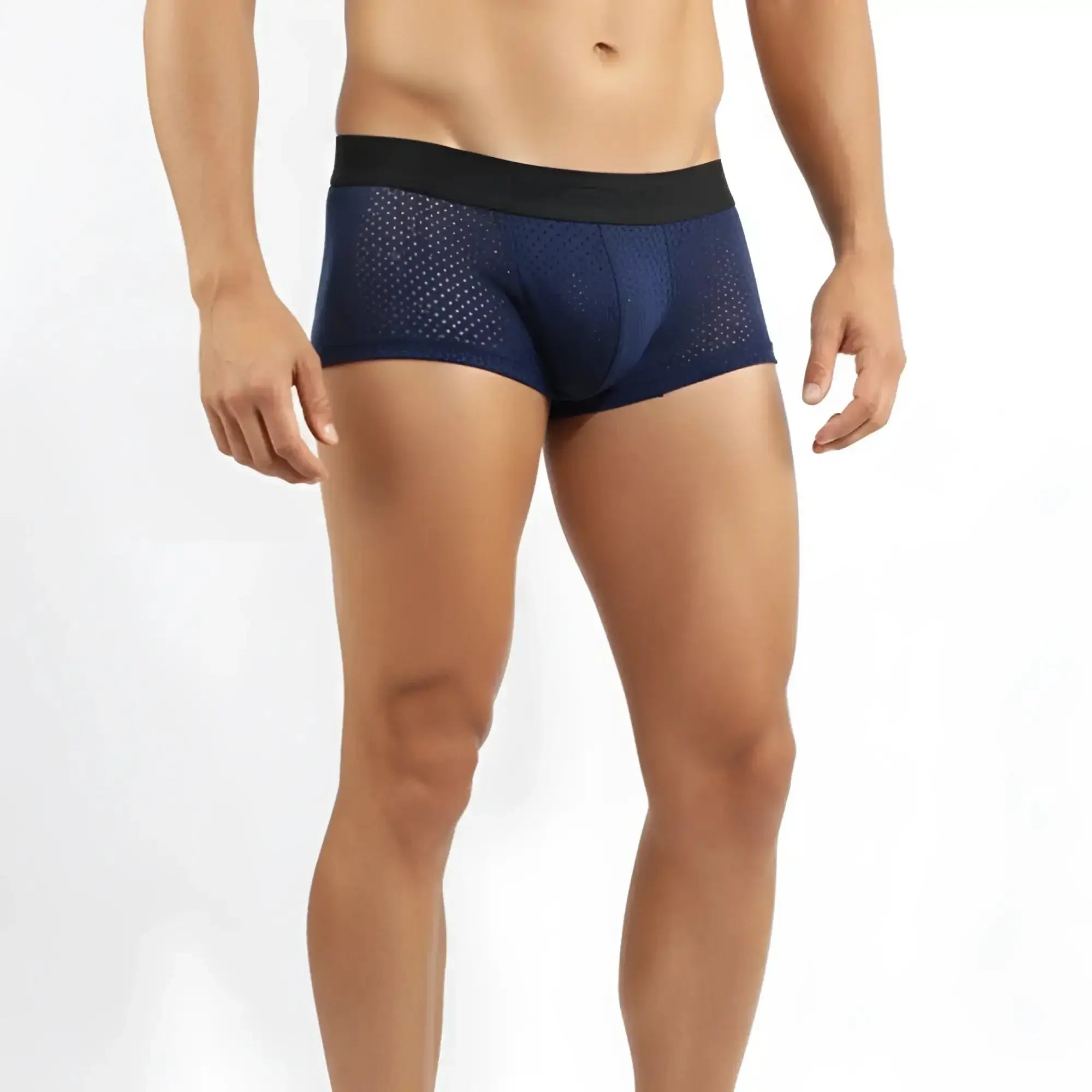 Navy blue mesh briefs with black elastic waistband from metromalewear max mesh boxer collection 3013-76