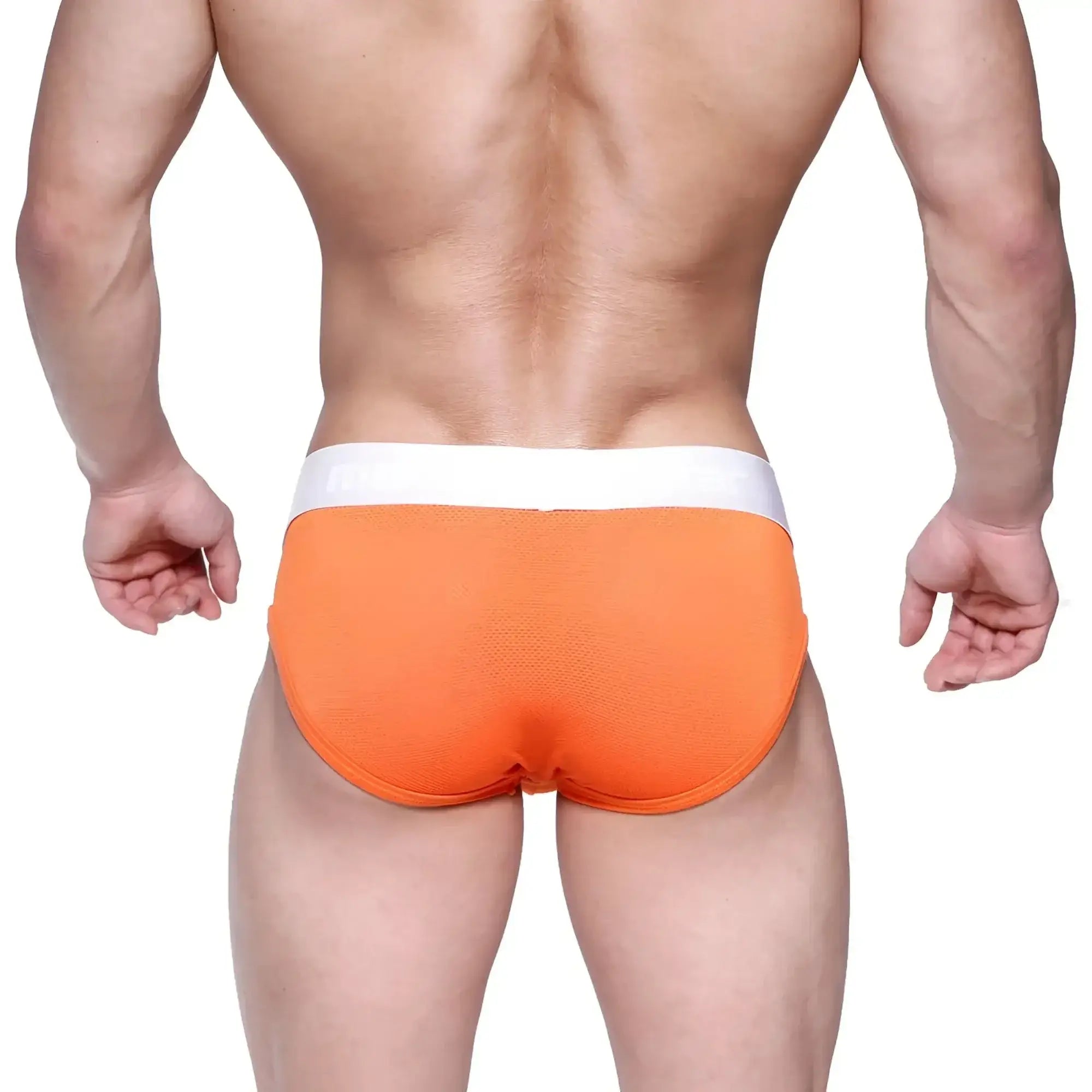 Metro male wear max mesh hip brief in bright orange with white waistband made of breathable mesh fabric