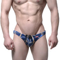 Blue swim trunks with nautical chain and rope pattern and black drawstrings from MetroMaleWear Mayor Classic line