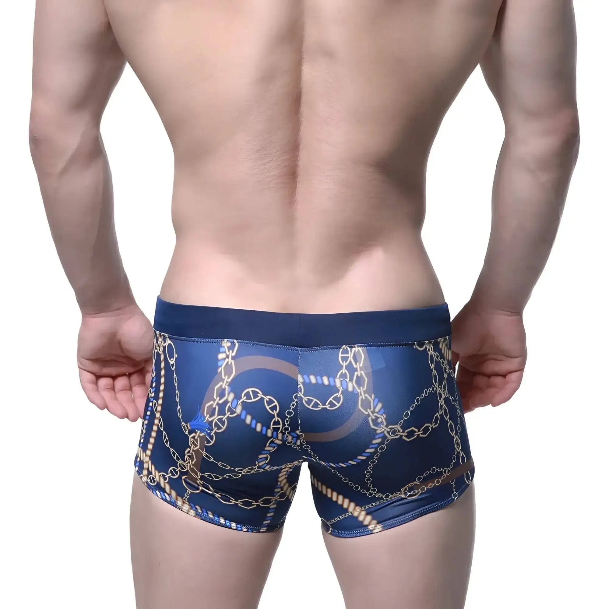 Navy blue metro male wear mayor swim boxer briefs 4986-71 with gold chain pattern and subtle blue stars