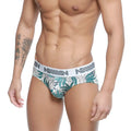 White briefs with green and gray tropical leaf pattern and anis branded waistband metroMalewear meadow hip brief 5003-56