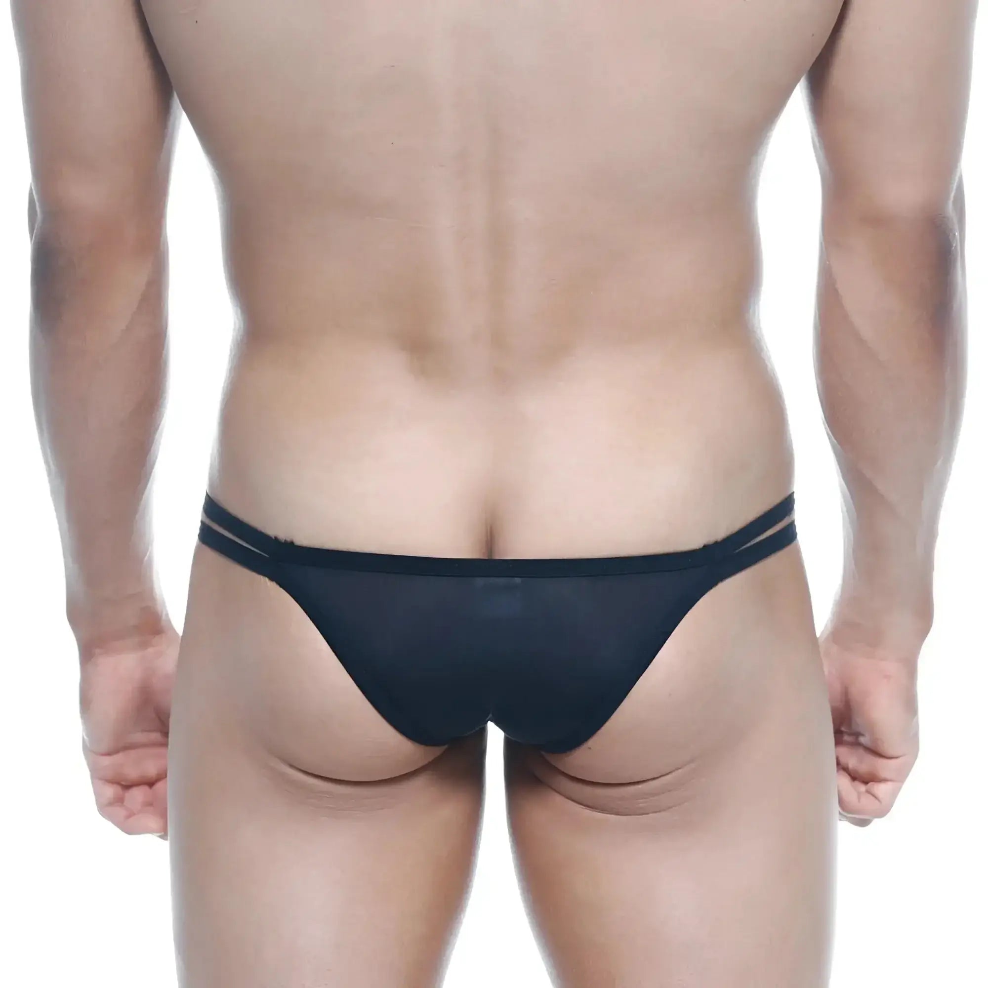 Back side of metromalewear medio bikini black sheer mesh thong with double elastic bands at the back