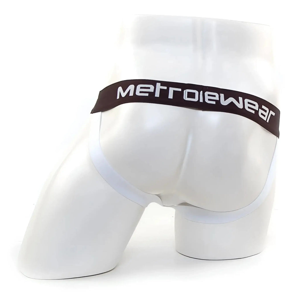 White men’s briefs with dark brown metrowear waistband complementing the metro male wear mesh camo jock strap lime 3001-04