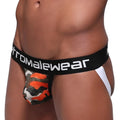 MetroMaleWear mesh camo jockstrap in black and orange with white panels and black waistband branded Atromalewear
