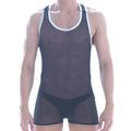 Black sheer mesh tank top with white trim around neckline and armholes from MetroMaleWear mesh contrast collection
