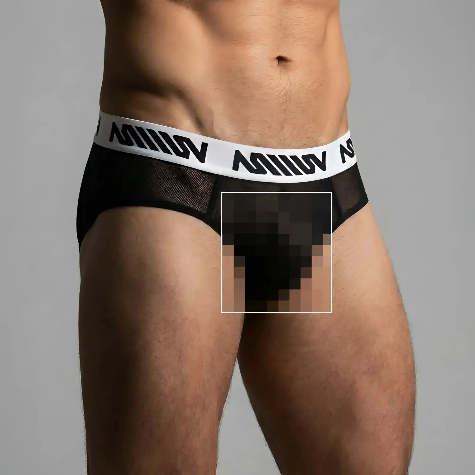 Black mesh MetroMaleWear hip briefs with a white elastic waistband featuring black miiow logo lettering
