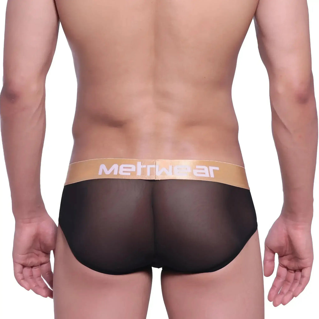 MetroMaleWear mesh hip brief black with tan waistband and metwear logo in white lettering in gold label 5003-46