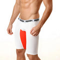 White and red metro male wear mesh long short athletic briefs with textured fabric and black logo band