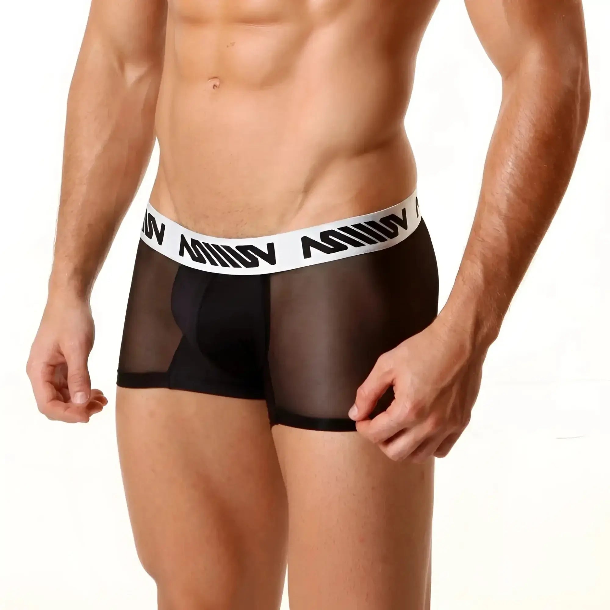 Black mesh briefs with white elastic waistband featuring bold black lettering metro male wear mesh short boxer