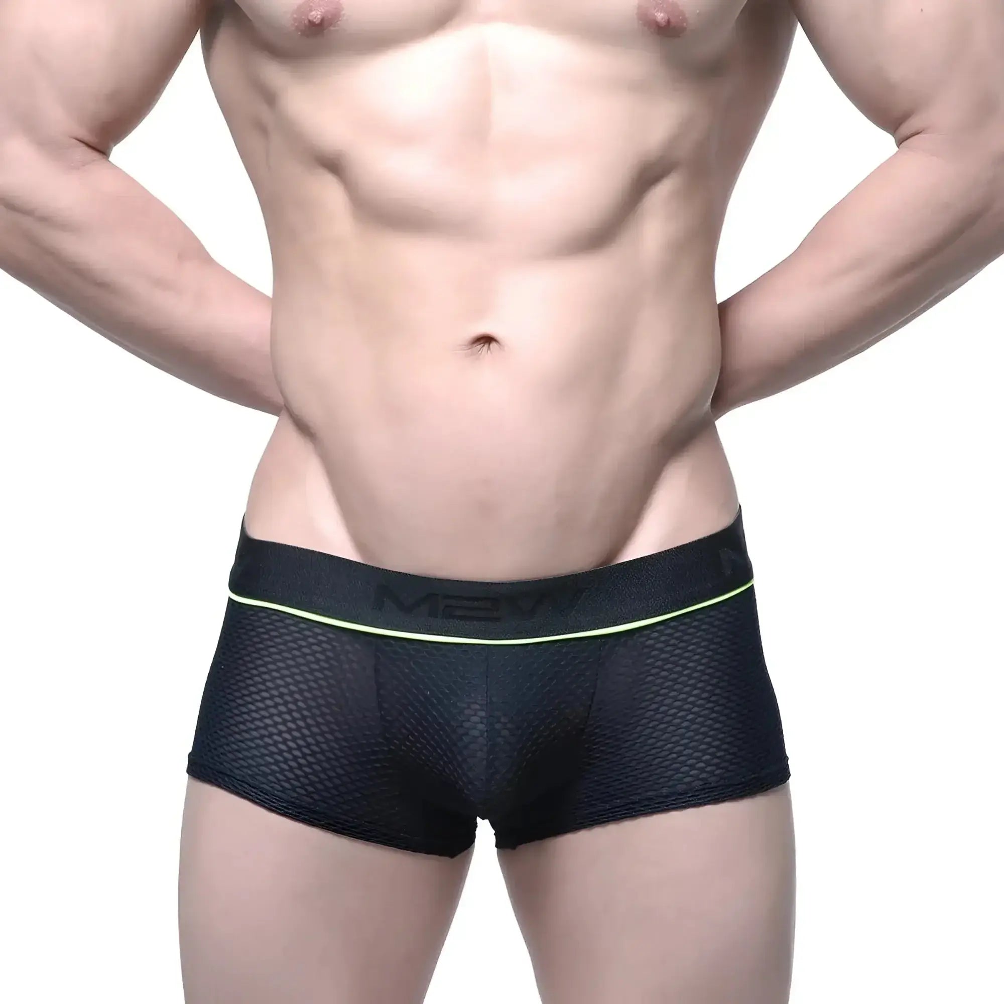 Black mesh briefs with neon green trim and new logo on waistband metro male wear meta trunk black 2026-75