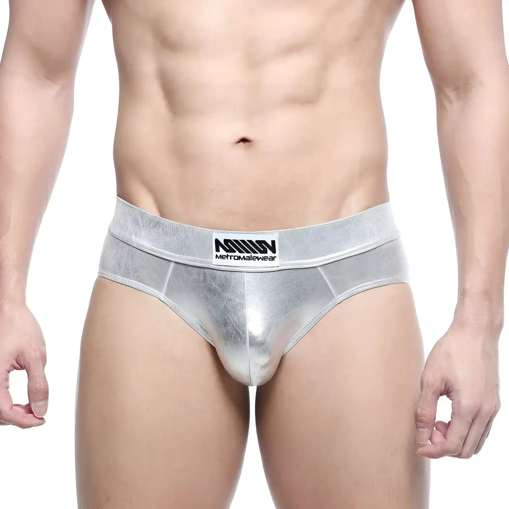Silver metallic metro malewear metal hip briefs with subtle sheen and branded waistband 5503-01