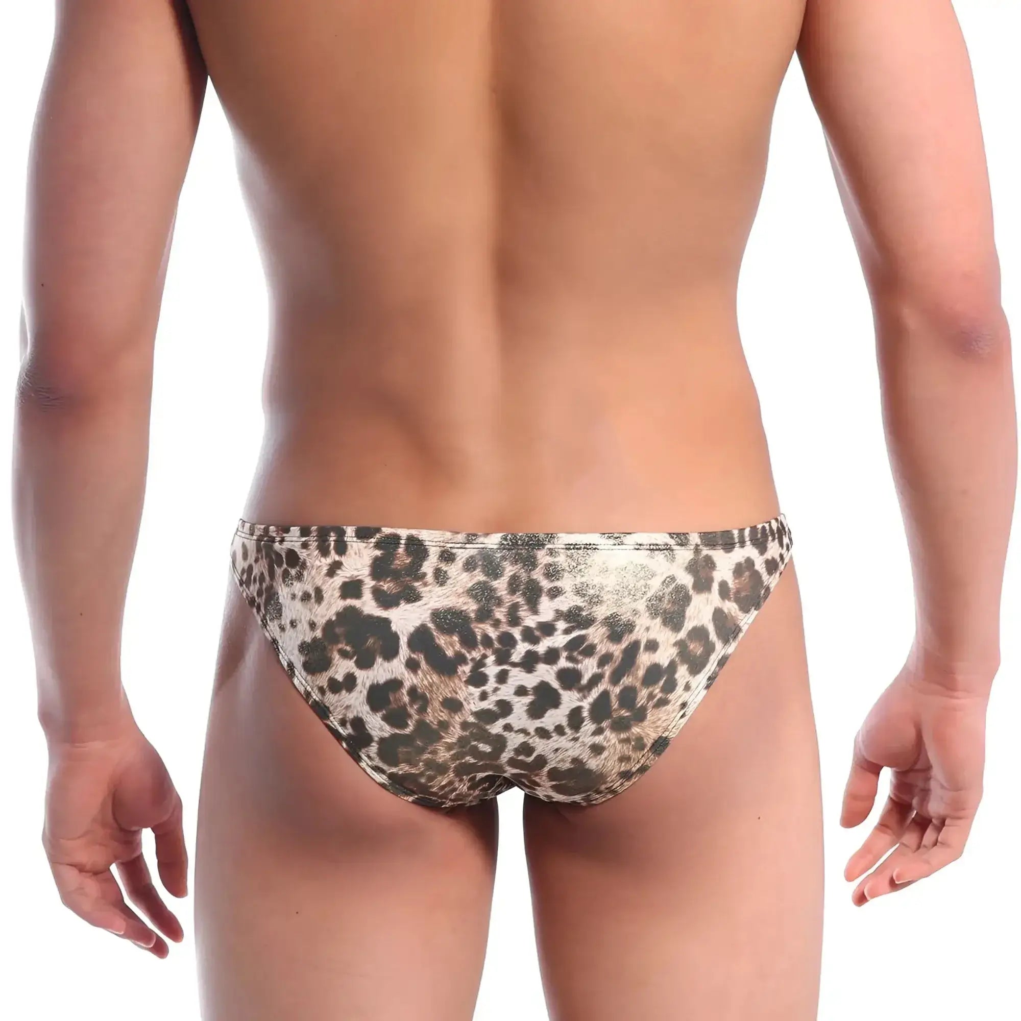 Metromalewear metallic leopard gold bikini swim trunks with shiny metallic finish in gold color