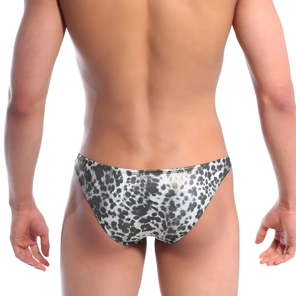 Black and white leopard print metallic swim trunks by MetroMaleWear designed for stylish beachwear use
