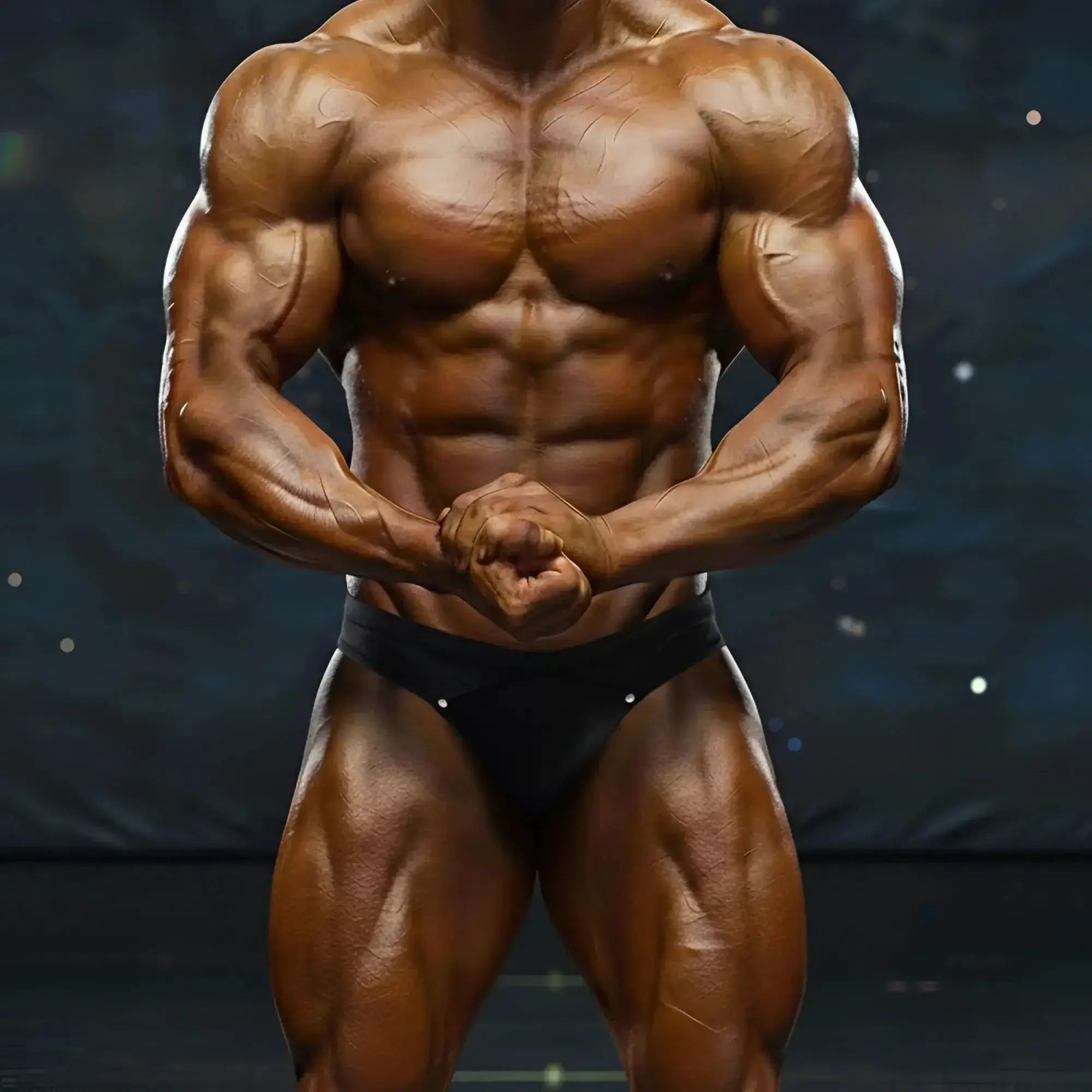 A muscular male bodybuilder wearing black MetroMaleWear MetroMuscleWear Adam competition briefs with glossy skin tone