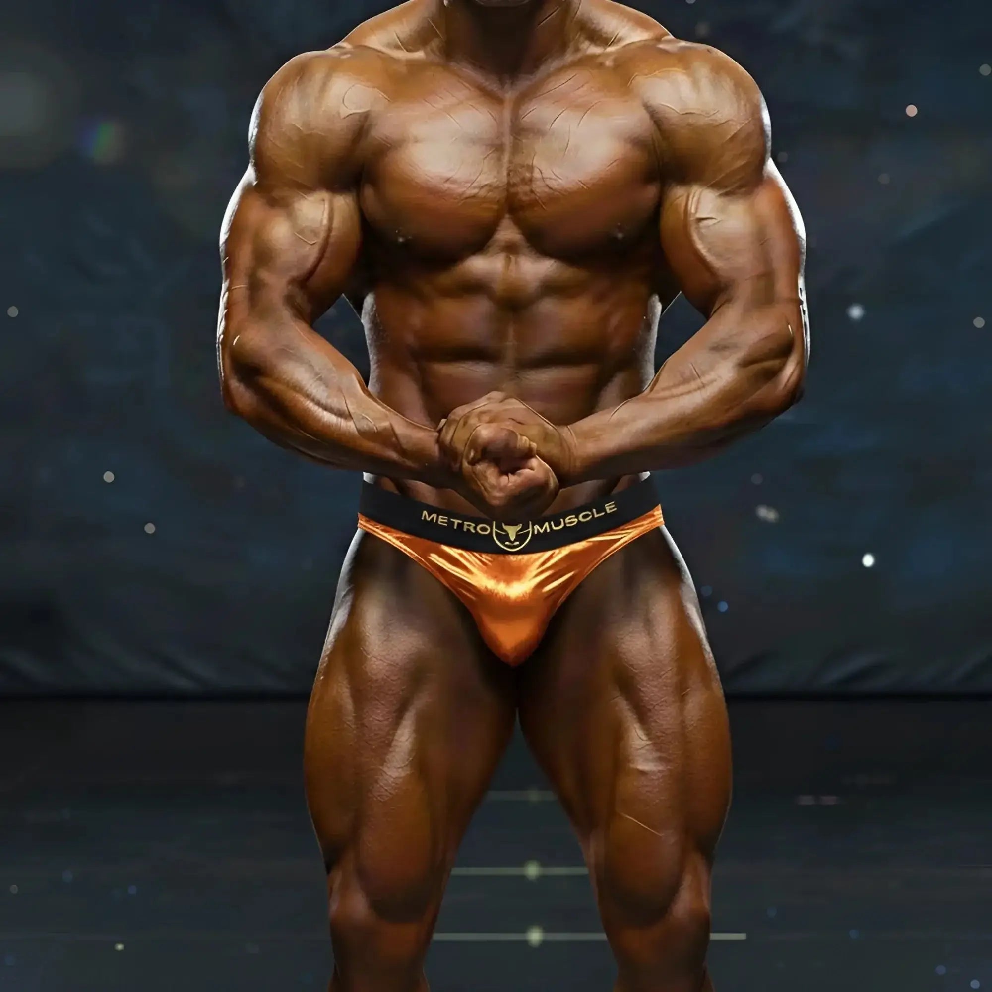 Shiny gold metallic metro muscle briefs with black waistband branded metro muscle in metro malewear almagrewear trunk