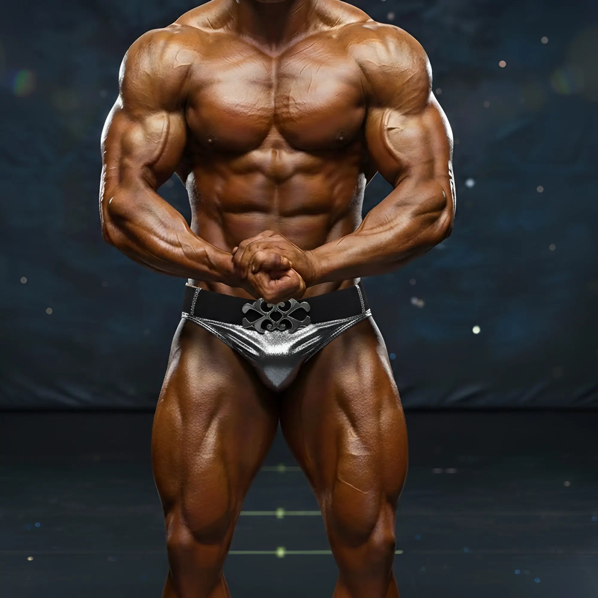 Shiny silver metallic briefs with a black belt and ornate metal buckle from metromalewear metro musclewear atlantis trunk
