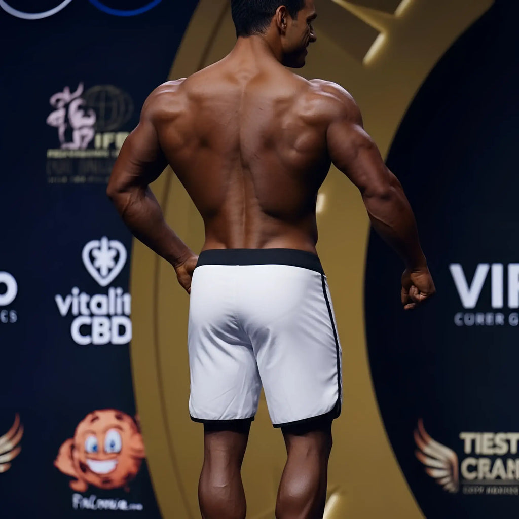 A muscular man wears white MetroMaleWear MetroMuscleWear Avalanche physique board shorts with black trim on stage