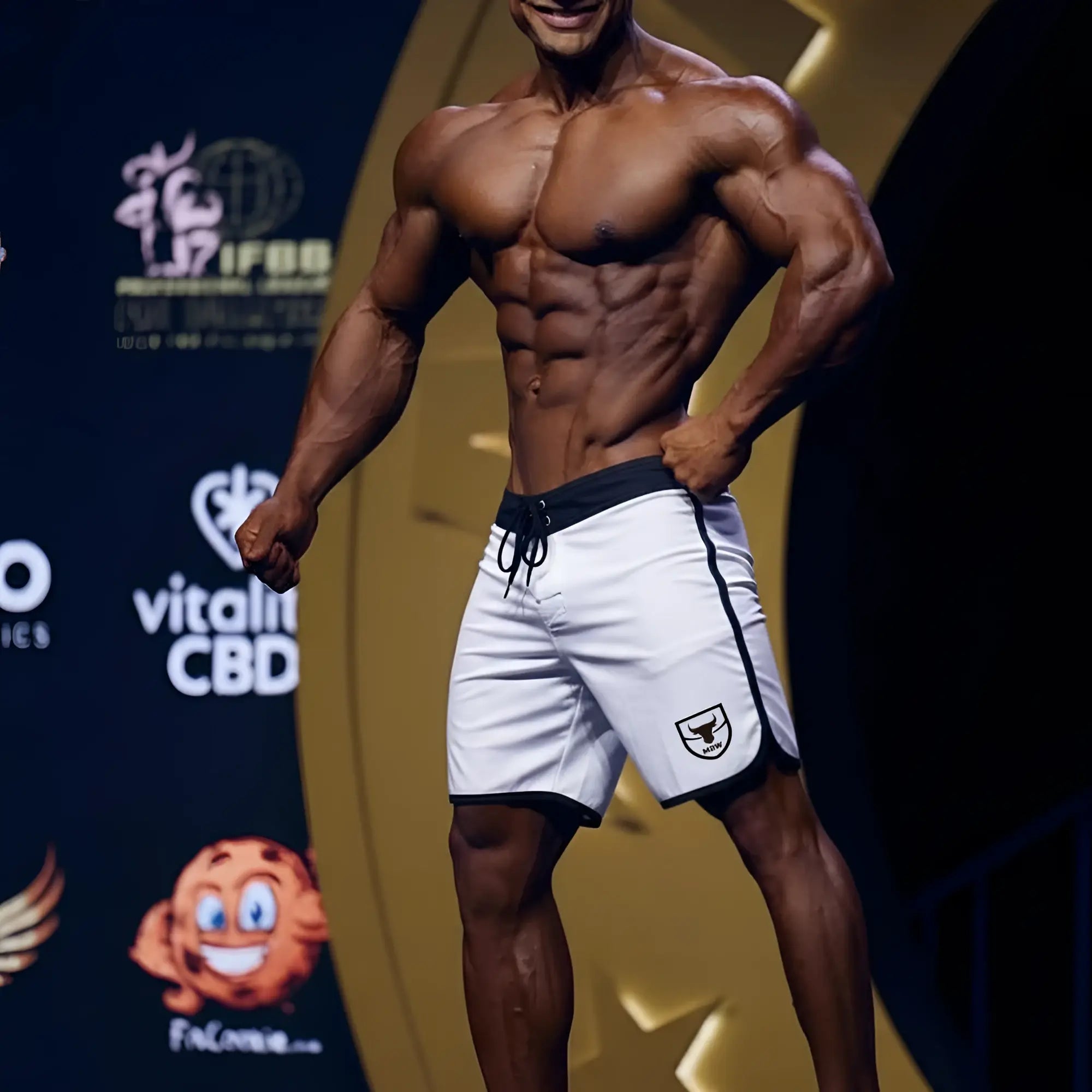 White metro muscledwear avalanche physique board shorts with black trim and shield logo on left leg by MetroMaleWear
