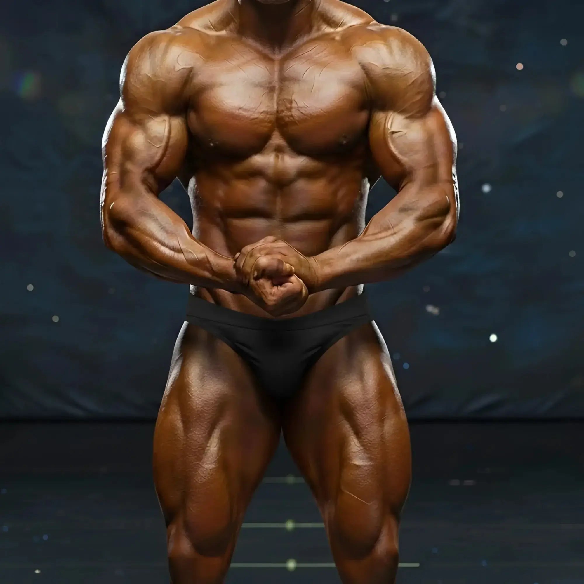 A muscular male bodybuilder wearing MetroMaleWear MetroMuscleWear basic black competition suit with defined physique