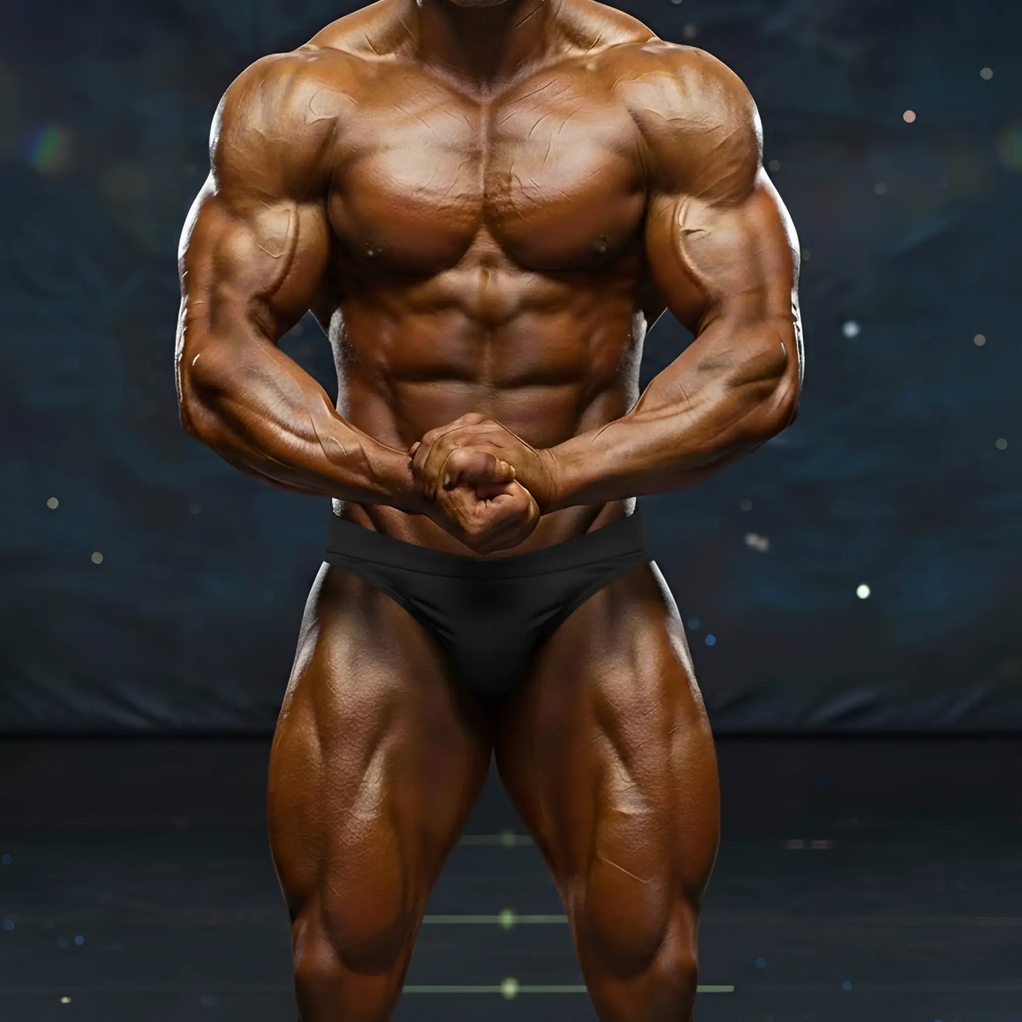 A muscular male bodybuilder wearing MetroMaleWear MetroMuscleWear basic black competition suit with defined physique