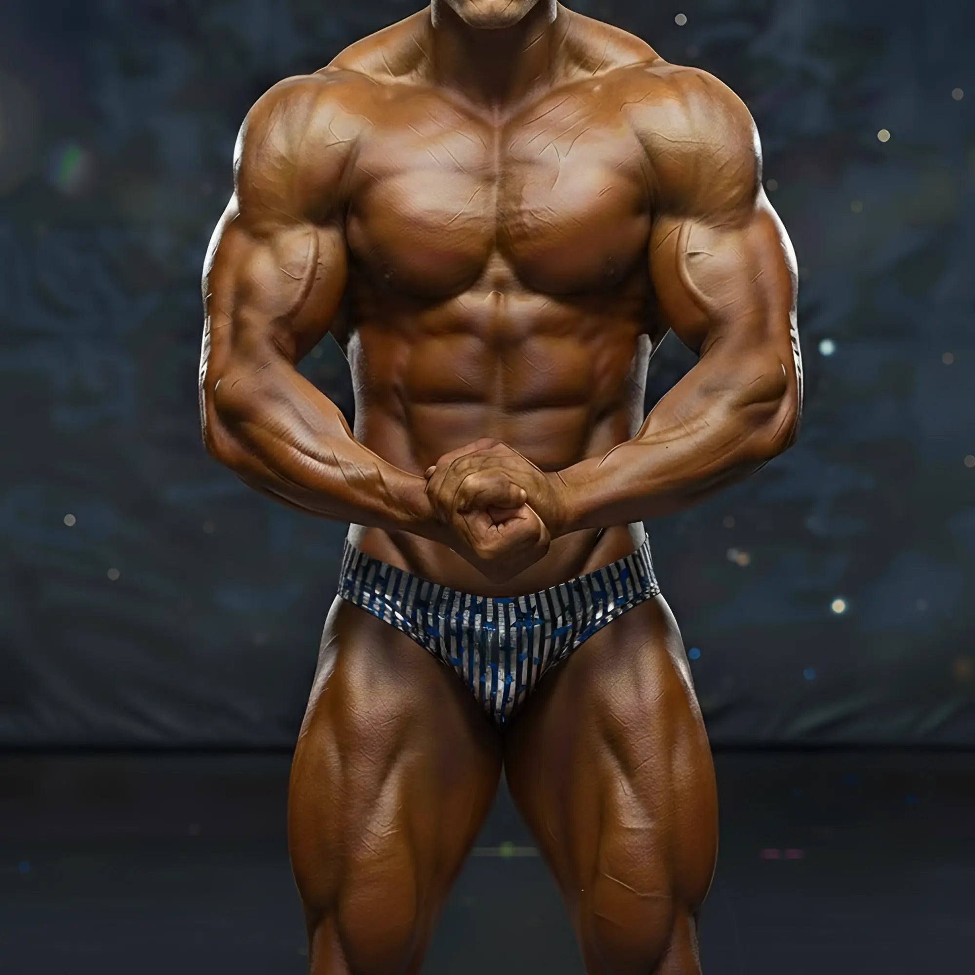 A muscular male bodybuilder wearing blue and white striped metro musclwear basic competition briefs for bodybuilding