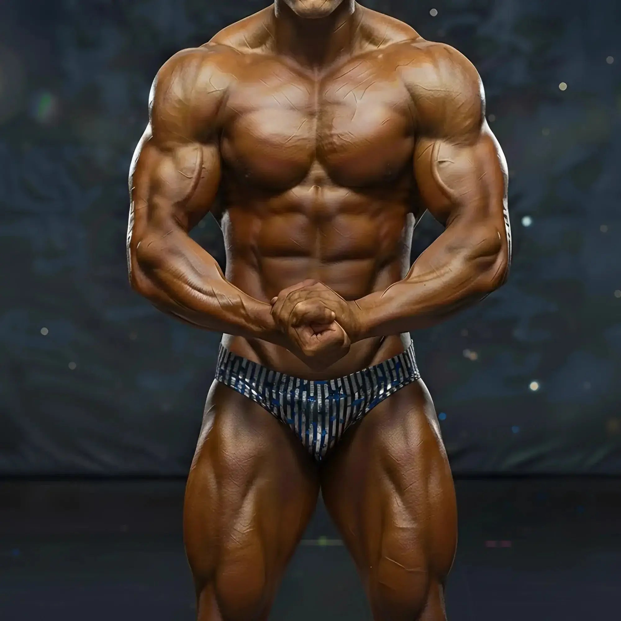 A muscular male bodybuilder wearing blue and white striped metro musclwear basic competition briefs for bodybuilding