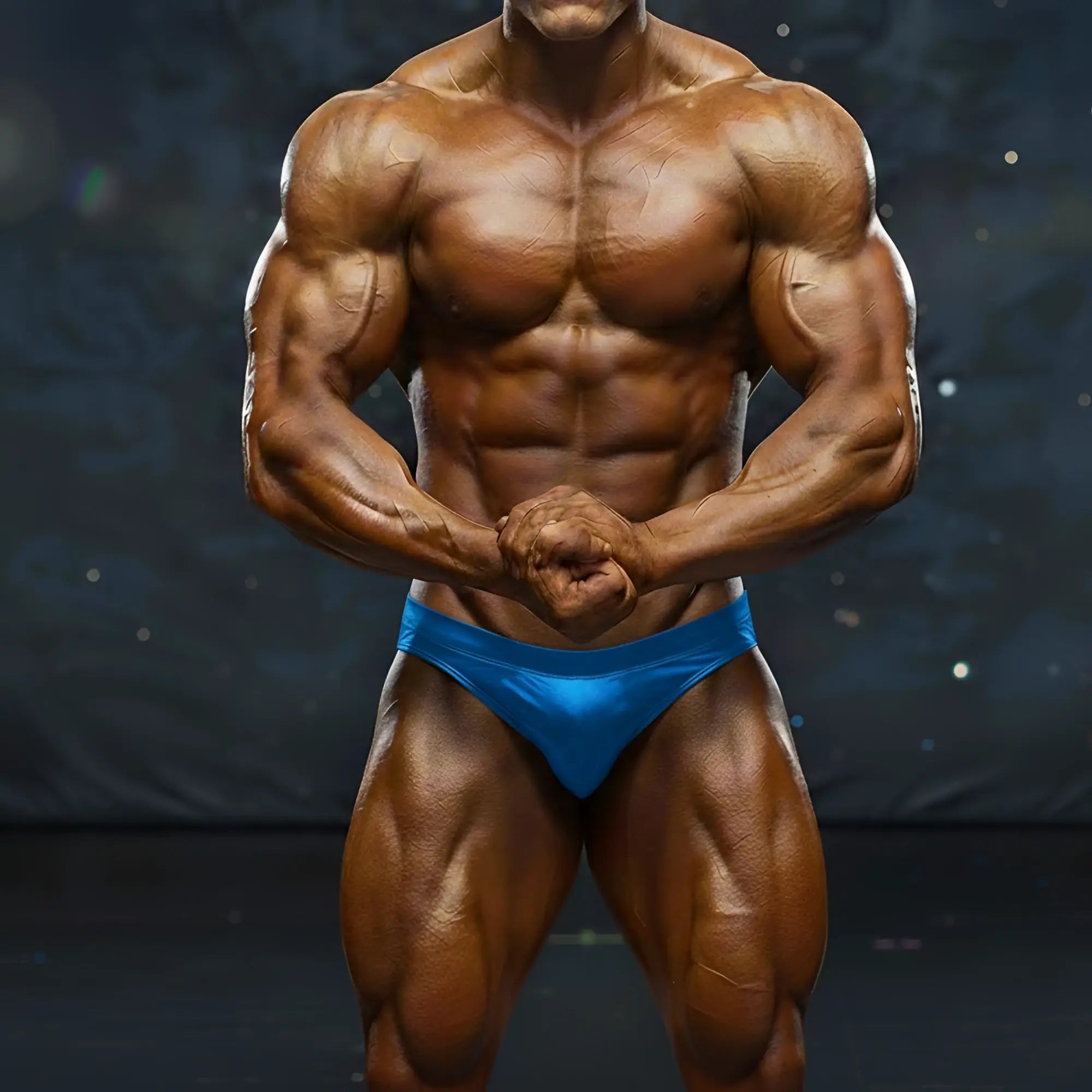 A muscular male bodybuilder wearing vibrant blue metro malewear metro musclewear basic competition briefs