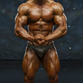 A muscular male bodybuilder wearing dark gray patterned briefs in the metro malewear metro musclewear basic competition suit gold