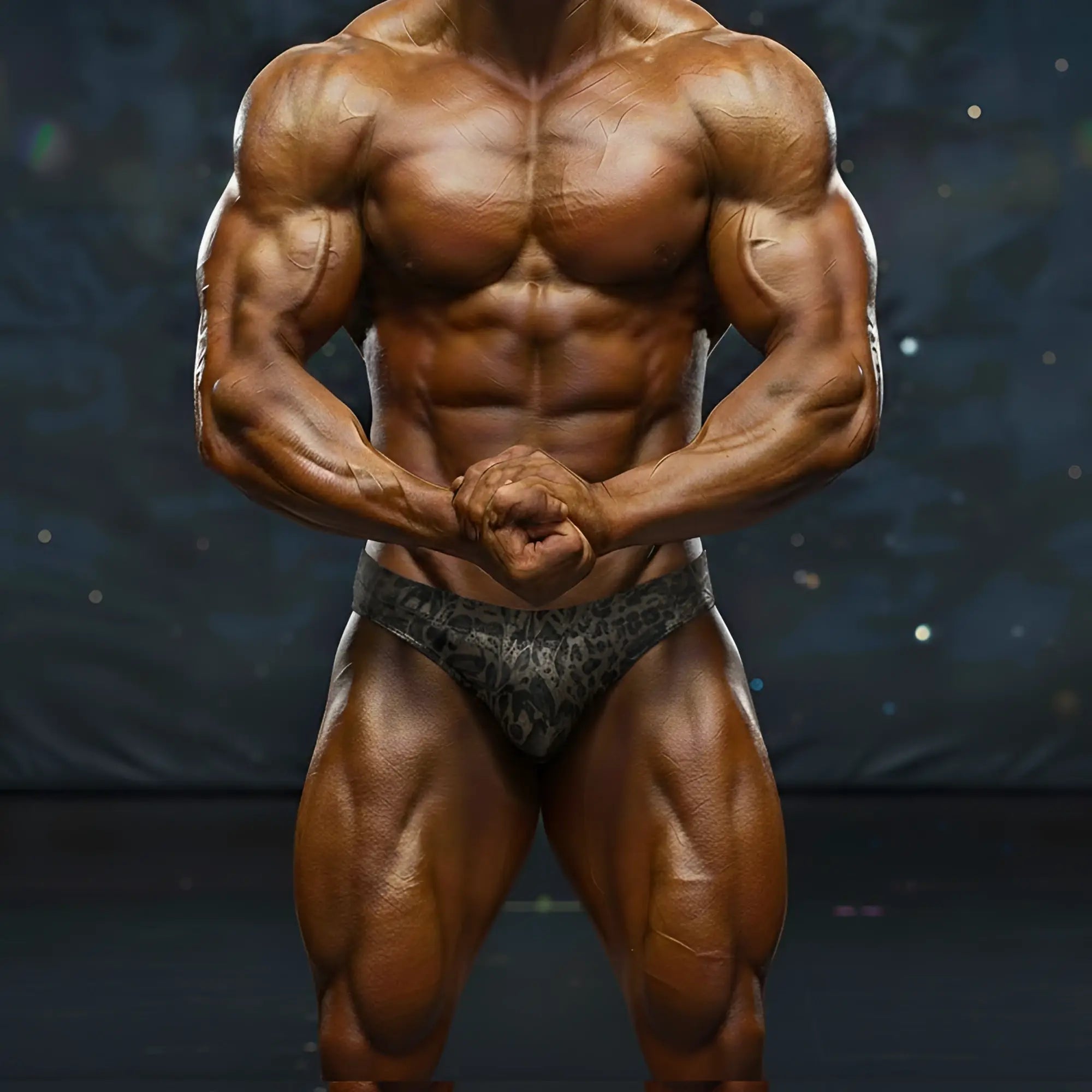 A muscular male bodybuilder wearing dark gray patterned briefs in the metro malewear metro musclewear basic competition suit gold