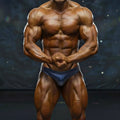 A muscular male bodybuilder wearing dark blue form-fitting metromalewear basic competition suit for contests