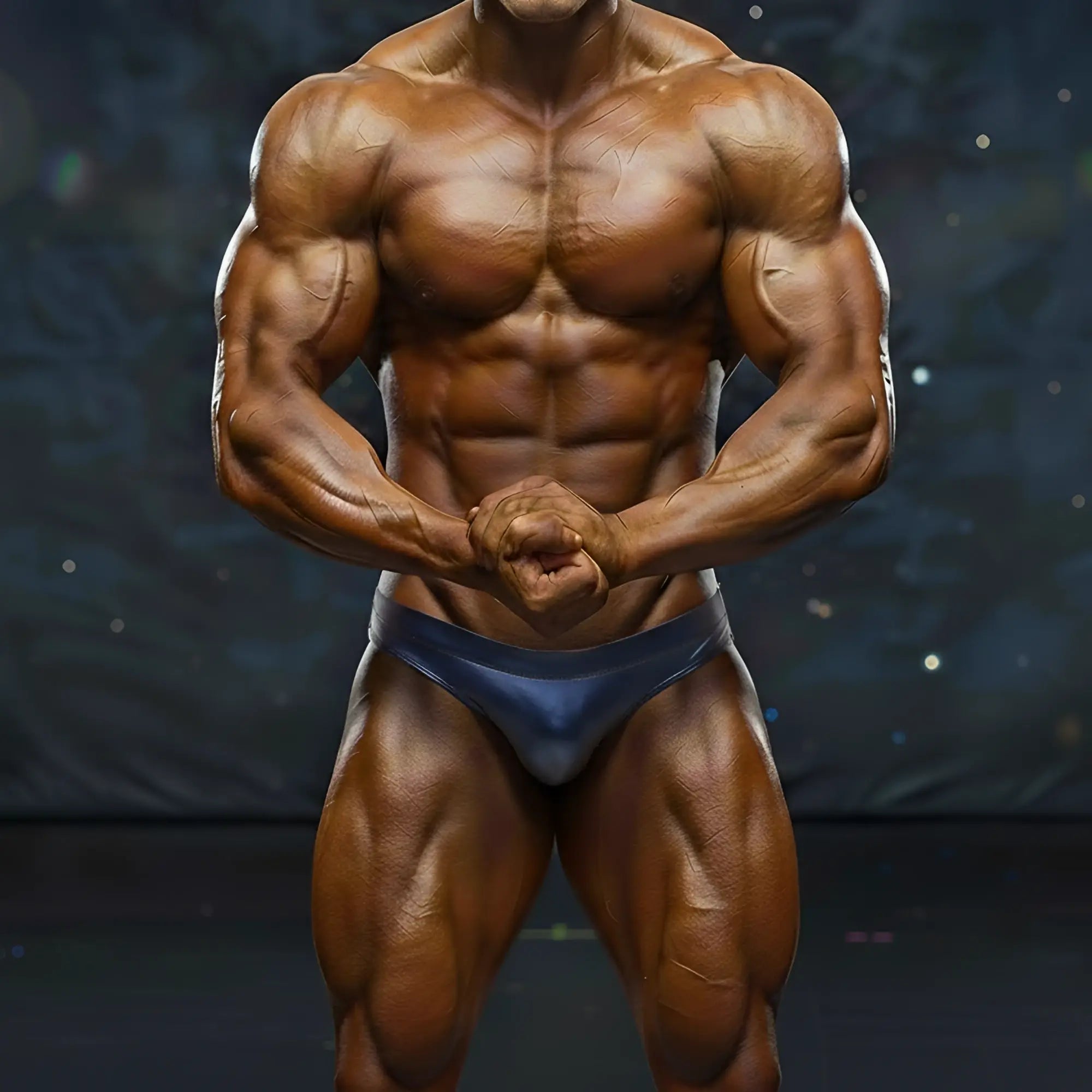 A muscular male bodybuilder wearing dark blue form-fitting metromalewear basic competition suit for contests