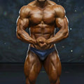 A muscular male bodybuilder wearing dark blue form-fitting metromalewear basic competition suit for contests