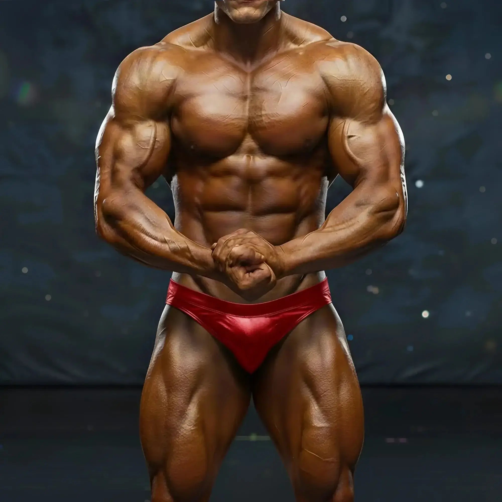 A muscular man wearing shiny red MetroMaleWear MetroMuscleWear basic competition briefs for bodybuilding