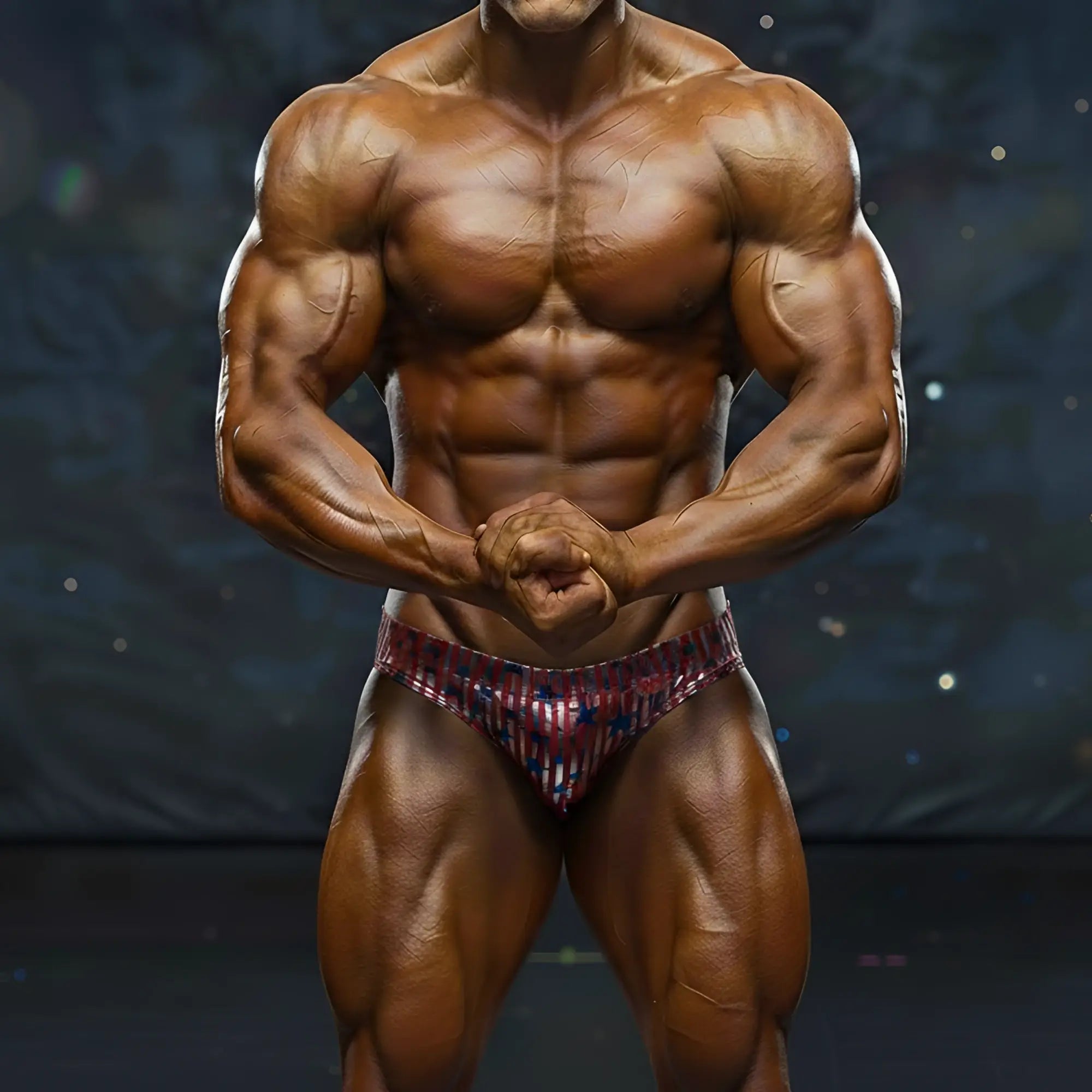 A muscular man wearing red white and blue MetroMaleWear MetroMuscleWear basic competition briefs for competitions